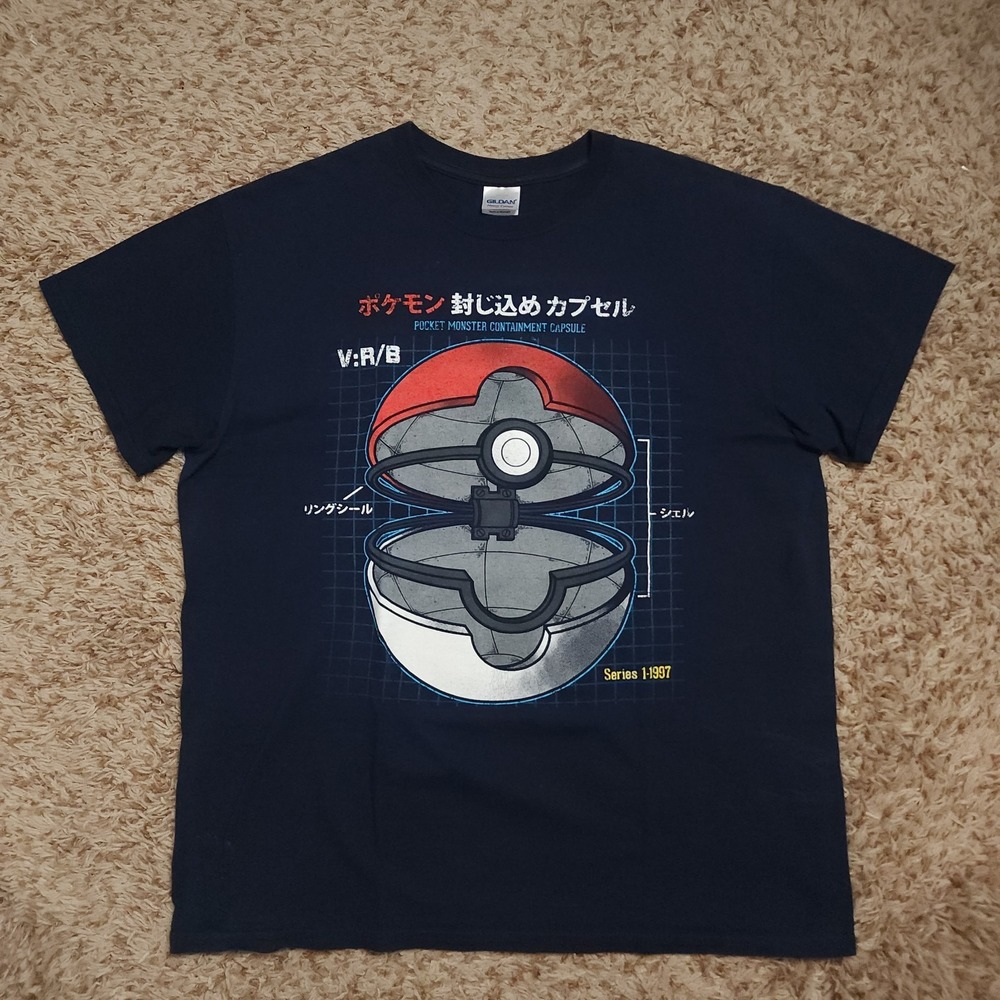 Pokemon Pocket Monster Pokeball Capsule Mens‎ M Navy Short Sleeve Shirt